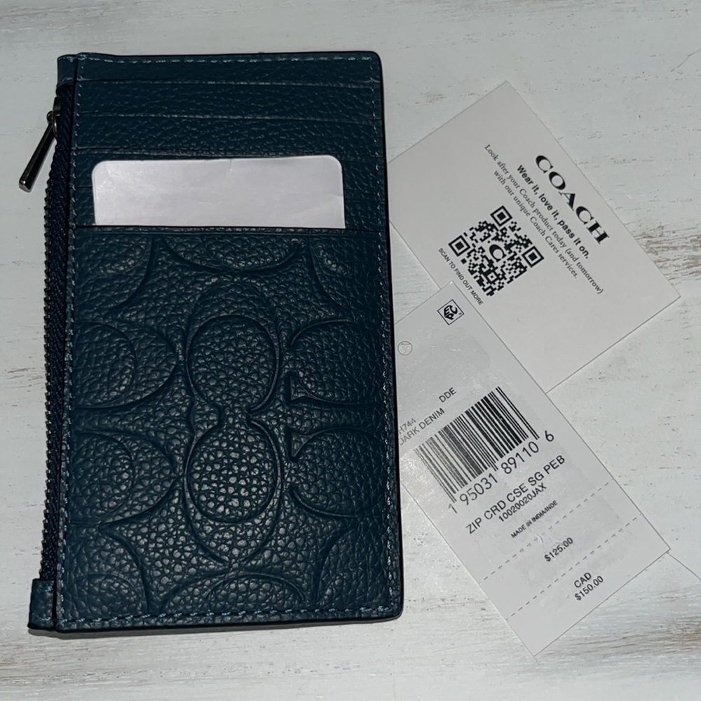 New Coach Zip Card Case in Dark Denim Signature Pebbled Leather - Picture 4 of 6